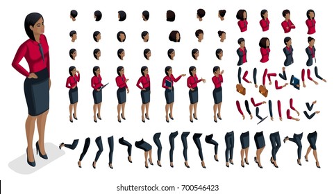 Large set people's emotions in isometric to create own character. 3d business African American woman with a set of emotions and gestures of hands. For vector