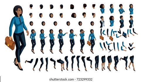 Large set of people's emotions in isometric to create own character. 3d business African American woman with a set of hand gestures in a business suit. For vector illustrations