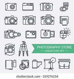 Large set of photography store design elements in thin line design. Linear icons on camera types, accessories, photo filters, bags, batteries, studio, materials, memory, lenses, used cameras, flash