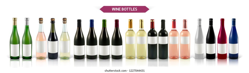 A large set of photo-realistic wine bottles on a white background with shadow and reflection. Mocap for advertising red, white and rose wine.