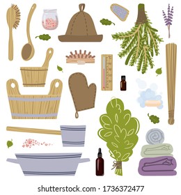 A large set of pictures on the theme of Taking steam in the bath. Vector illustration.