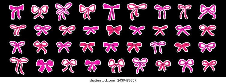 Large set of pink bows on black background. Vector stickers. Pink and red ribbons isolated on black background