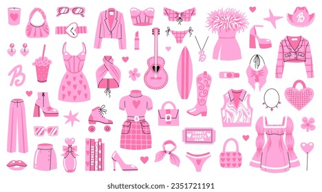 A large set of pink clothes and accessories. Girls' outfits, dresses, shoes for a plastic doll. Barbicore