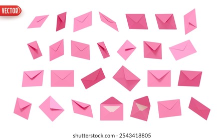 Large set of pink postal paper letters realistic design isolated on white background. vector illustration
