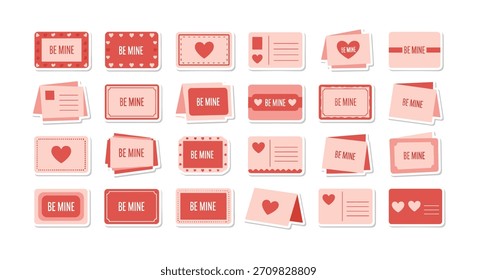 Grande conjunto de pegatinas rosas y rojas de la tarjeta del día de San Valentín con texto 'Be Mine' y decoraciones del corazón para mensajes románticos.
