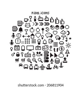 Large set of pixel art 8-bit icons for a smartphone or web. Weather, pointers, smartphone UI, different transport vehicles and other black and white pictogram