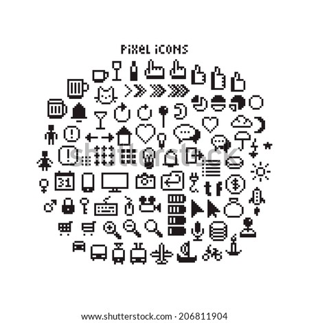 Large set of pixel art 8-bit icons for a smartphone or web. Weather, pointers, smartphone UI, different transport vehicles and other black and white pictogram