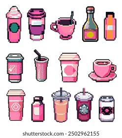 Large set of pixel-art beverages: coffee, tea, wine, sodas, etc. 8-bit elements for video game design.