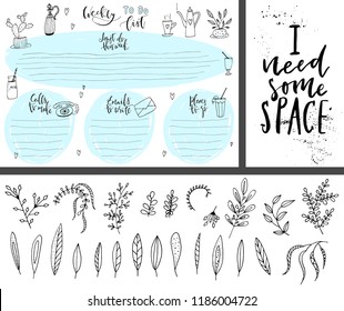 A large set of planner and additional elements. There is a card with hand lettering and a large set of doodle flowers. The constructor for creating a bullet journal. Vector illustration.