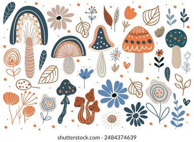 Large set of plant elements, mushrooms, flowers, leaves. Cute elements in Memphis boho style. Hand drawing in Scandinavian style.