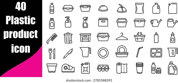 Large set of plastic household items including bottles containers bags kitchenware and storage boxes designed in minimal outline style for environmental projects.