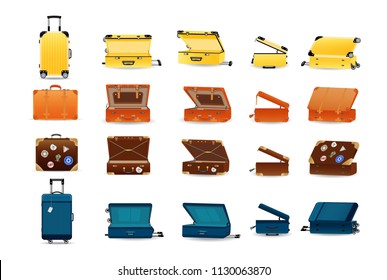 Large set of plastic, leather and metal travel suitcases. Tourist travel suitcases, cases, for business trips, holidays, leisure. Different views, open, closed. Luggage stickers Vector illustration