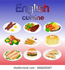 A large set of plates with food. English cuisine