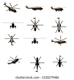 Large set with polygonal helicopters in different positions. Combat military helicopter. 3D. Vector illustration.
