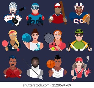 A large set of portraits of men and women in different sports. Hockey player, skier, baseball player, golfer, tennis player and other athletes. Vector