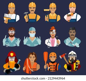 A large set of portraits of men and women in different types of professions. Builders, doctors and rescuers. Vector illustration