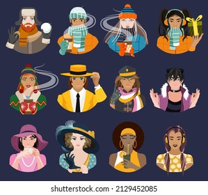 A Large Set Of Portraits Of Men And Women In Different Clothes, Winter And Summer. People Relax In Winter And Summer With A Drink In Hand. Vector Illustration