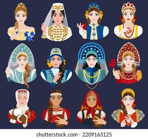 A large set of portraits of Slavic women in various historical clothes. Princes and princesses, noblewomen and noblewomen in vector illustration.
