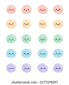 A large set of positive and negative emotions. Rainbow colored circles with kawaii faces. Child characters Emotions. Diary. Scale of emotions.  Vector illustrations, isolated on white background. 