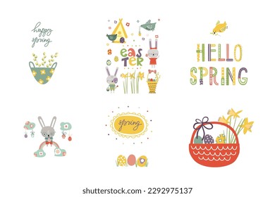 A large set of postcards on a spring theme. Hares, birds, baskets, flowers, eggs, bird houses, decor elements. Cute illustration for card design, greeting email, invitation design, announcement, scrap