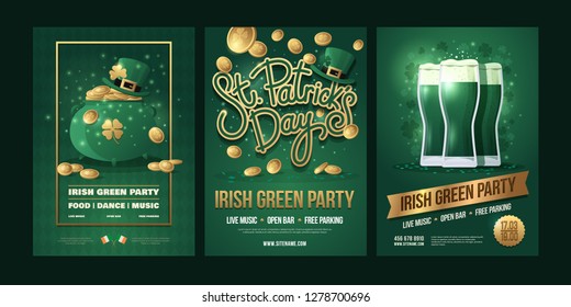 Large set of posters with symbols of Irish holiday on green background. Green pot and Leprechaun hat with gold coins, the inscription: "St. Patrick's Day", three beer glasses. Vector illustration.