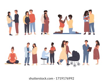 Large set of pregnant women and couples in various poses doing yoga, embracing, at the doctor and walking with a pram, colored vector illustrations