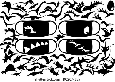 A large set of prints from the silhouettes of various dinosaurs on the medical mask. Vector illustration.
