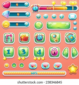 A large set of progress bars, buttons, boosters, icons for user interface design of computer games.