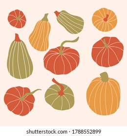 A large set of pumpkins - green, red and yellow. Autumn collection. Vector hand drawn illustration.
