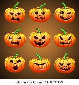 A large set of pumpkins. Halloween. Smilies. Happy Halloween. Orange. Set of stickers. Realistic vector EPS 10. background for a Halloween banner. Holiday, October. Jack O Lantern. All Hallows Eve