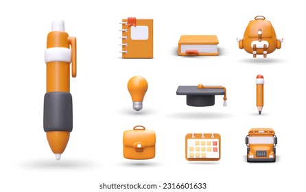 Large set of pupil and student accessories. 3D stationery in cartoon style. School bus, calendar, light bulb, backpack, graduate hat. Isometric objects with shadows on white background