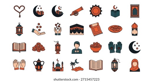 A large set of Ramadan icons featuring prayer beads, the Kaaba, Zakat, dates, lanterns, and religious figures. Perfect for Eid greetings, mobile apps, and holiday decor.