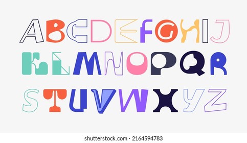 Large set of random letter shapes. English alphabet from geometric capital letters of eclectic shapes. Brutalism modern font type. Condensed and Bold font from geometric objects.