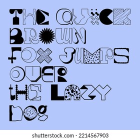 Large set of random letter shapes. English alphabet from geometric capital letters of eclectic shapes. Brutalism modern font type. Condensed and Bold font from geometric objects.