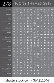 A large set of ready-made vector icons on various topics: gestures, signs, communication, nature, computer, space, packing, food, hobby, equipment, tool, auto, sea, train, mobile, office.