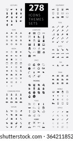 A large set of ready-made vector icons on various topics: gestures, signs, communication, nature, computer, space, packing, food, hobby, equipment, tool, auto, sea, train, mobile, office.