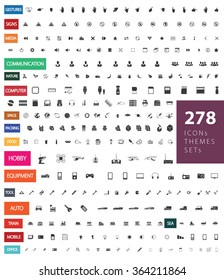 A large set of ready-made vector icons on various topics: gestures, signs, communication, nature, computer, space, packing, food, hobby, equipment, tool, auto, sea, train, mobile, office.