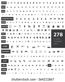 A large set of ready-made vector icons on various topics: gestures, signs, communication, nature, computer, space, packing, food, hobby, equipment, tool, auto, sea, train, mobile, office.