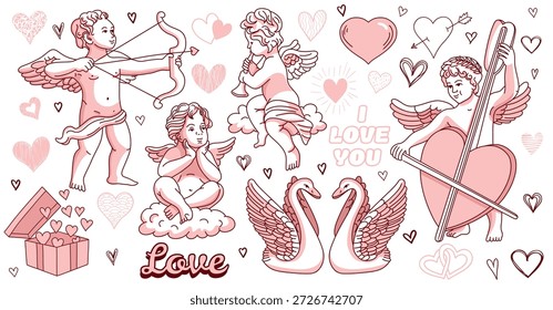 Um grande conjunto de anjos e cupidos realistas. Um dia dos namorados.