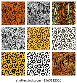 Large set of realistic and cartoon tiger, cheetah and leopard skin, detailed seamless patterns