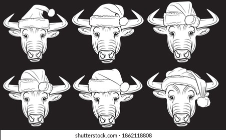 Large set of realistic faces of a bull in a Santa Claus cap isolate on a black background. Vector illustration.