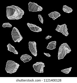 Large set of realistic hand drawn sketches stones and rocks. Different masonry stones, pebbles, marble, brick, mineral cobble isolated. Earth magical sacred elements. Vector.