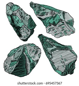 Large set of realistic hand drawn sketches stones and rocks. Different masonry stones, pebbles, marble, brick, mineral cobble isolated. Earth magical sacred elements. Vector.