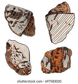 Large set of realistic hand drawn sketches stones and rocks. Different masonry stones, pebbles, marble, brick, mineral cobble isolated. Earth magical sacred elements. Vector.
