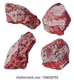 Large set of realistic hand drawn sketches stones and rocks. Different masonry stones, pebbles, marble, brick, mineral cobble isolated. Earth magical sacred elements. Vector.
