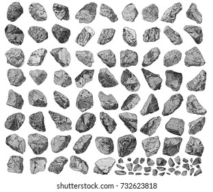 Large set of realistic hand drawn sketches stones and rocks. Different masonry stones, pebbles, marble, brick, mineral cobble isolated. Earth magical sacred elements. Vector.