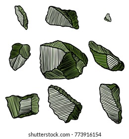 Large set of realistic hand drawn sketches stones and rocks. Different masonry stones, pebbles, marble, brick, mineral cobble isolated. Earth magical sacred elements. Vector.