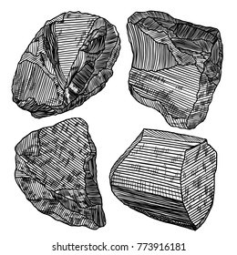 Large set of realistic hand drawn sketches stones and rocks. Different masonry stones, pebbles, marble, brick, mineral cobble isolated. Earth magical sacred elements. Vector.