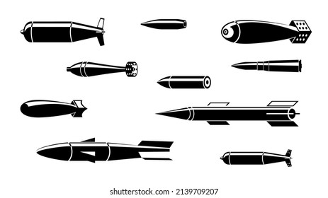 Un gran conjunto de íconos realistas de diversas municiones de armas modernas con un fondo transparente. Elemento de diseño para logotipo, etiqueta, signo, emblema, afiche. Ilustración del vector