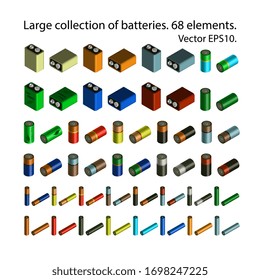 A large set of realistic isometric batteries. 68 elements in the collection. Several types of projection. Different colors. Isolated vector EPS10.